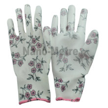 NMSAFETY schöne landwirtschaft pflücken handschuhe 13 gauge flower print polyester liner beschichtung weiß PU gartenhandschuhe